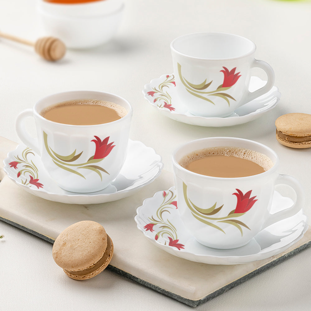 My Borosil Opalware Tea Cups & Tea Sets 220 ml x 6 Red Lily Cup & Saucer Set