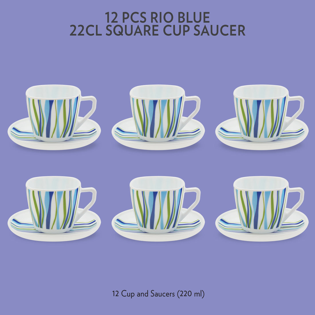 My Borosil Opalware Tea Cups & Tea Sets 220 ml x 6 Rio Blue Square Cup & Saucer Set