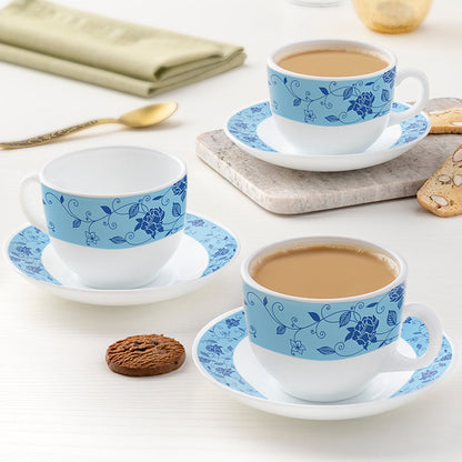 My Borosil Opalware Tea Cups & Tea Sets 220 ml x 6 Rosa Blue Cup & Saucer Set