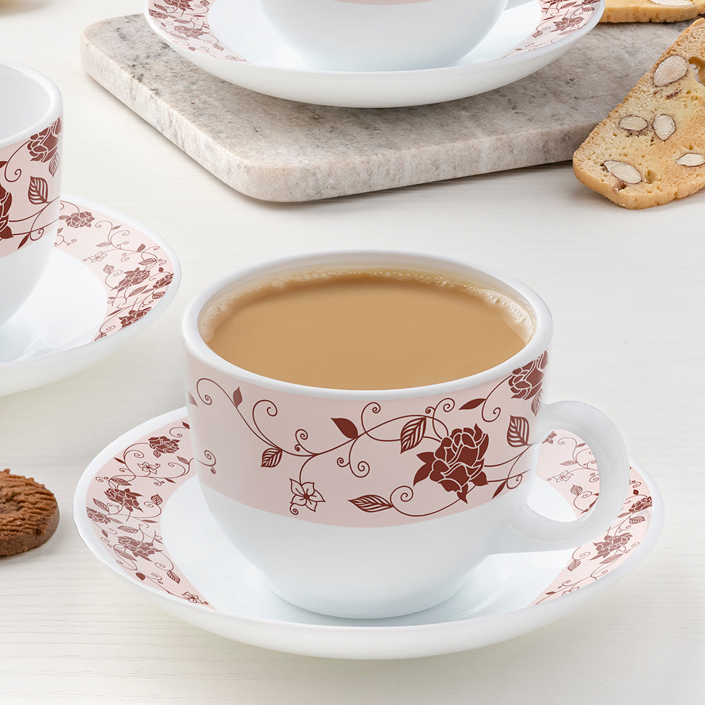 My Borosil Opalware Tea Cups & Tea Sets 220 ml x 6 Rosa Brown Cup & Saucer Set