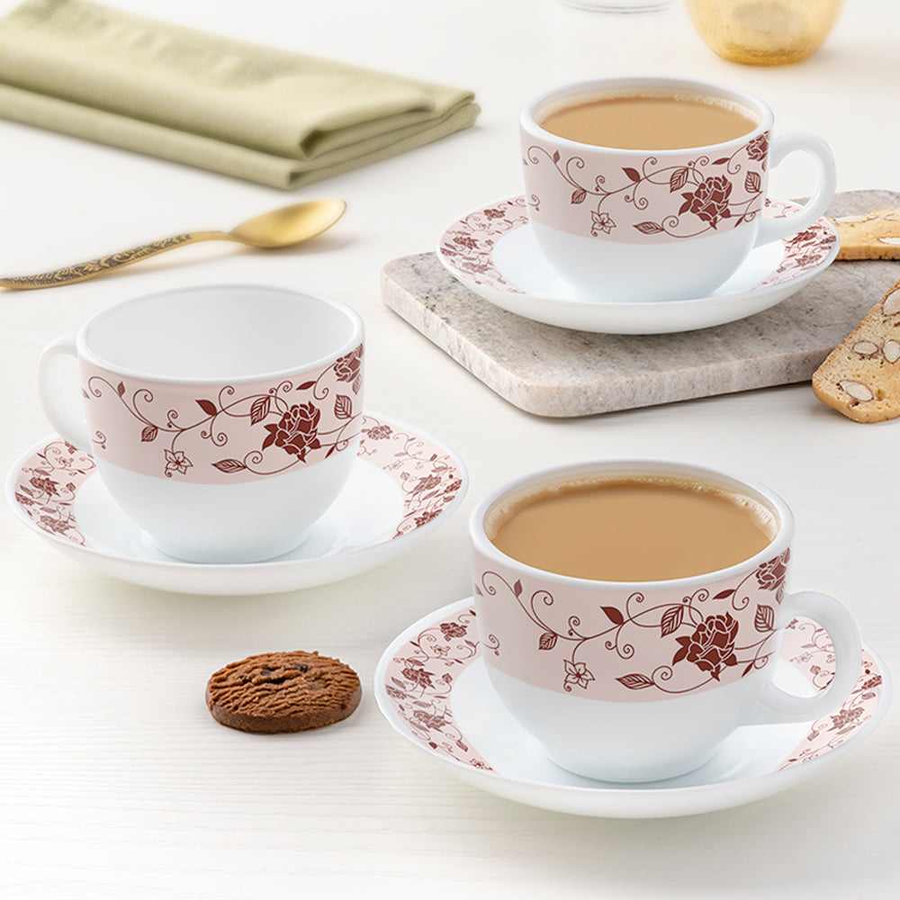 My Borosil Opalware Tea Cups & Tea Sets 220 ml x 6 Rosa Brown Cup & Saucer Set