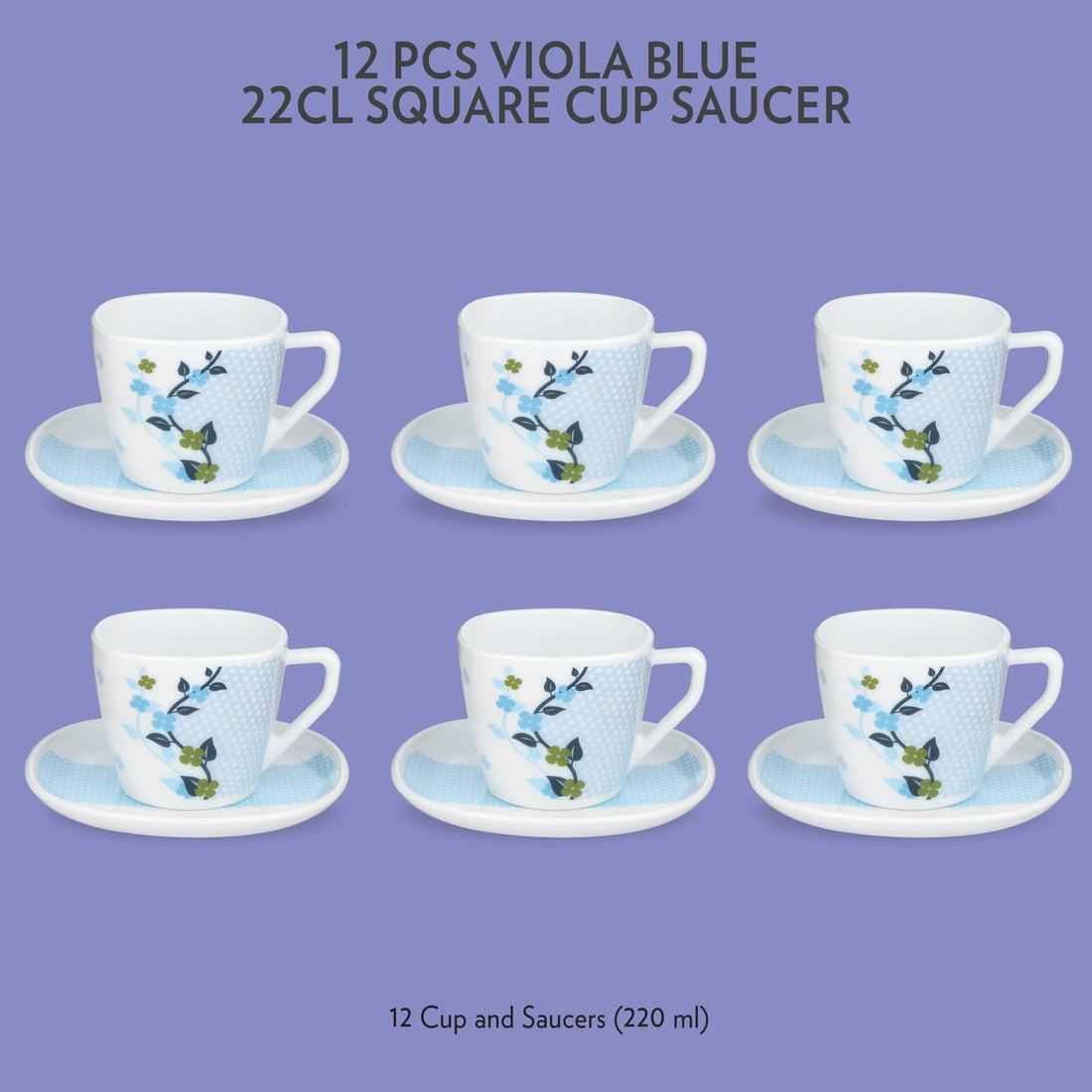 My Borosil Opalware Tea Cups & Tea Sets 220 ml x 6 Viola Blue Square Cup & Saucer Set