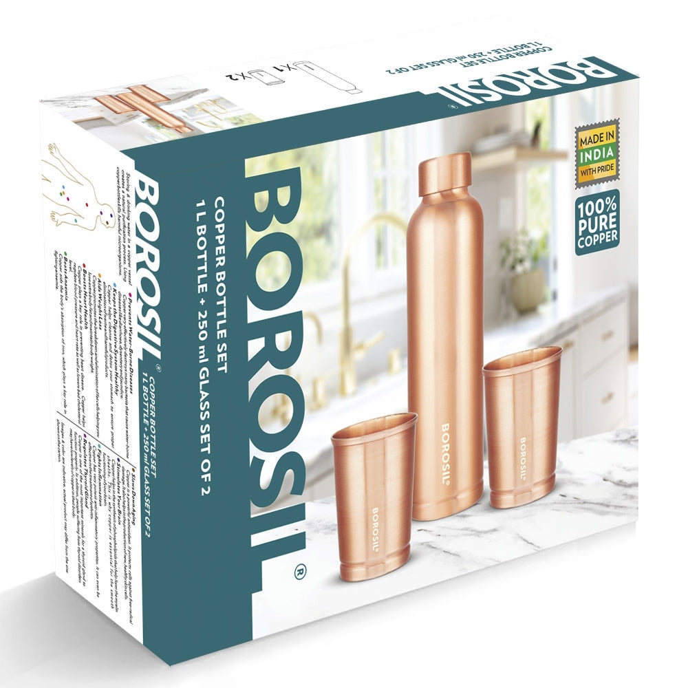 My Borosil Copper Water Bottles 1 L Bottle + 2 x 250 ml Glasses ECO Copper Bottle & Glass Set