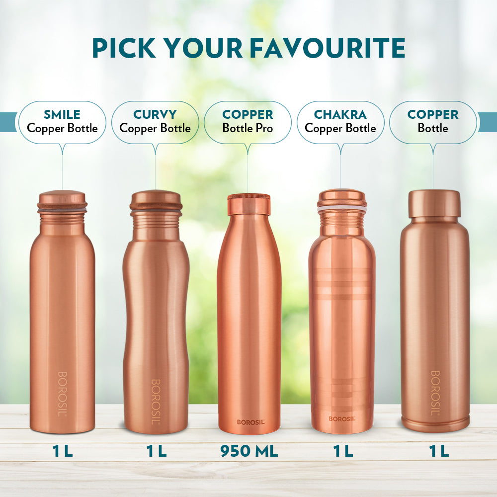 My Borosil Copper Water Bottles 1 L Bottle + 2 x 250 ml Glasses ECO Copper Bottle & Glass Set