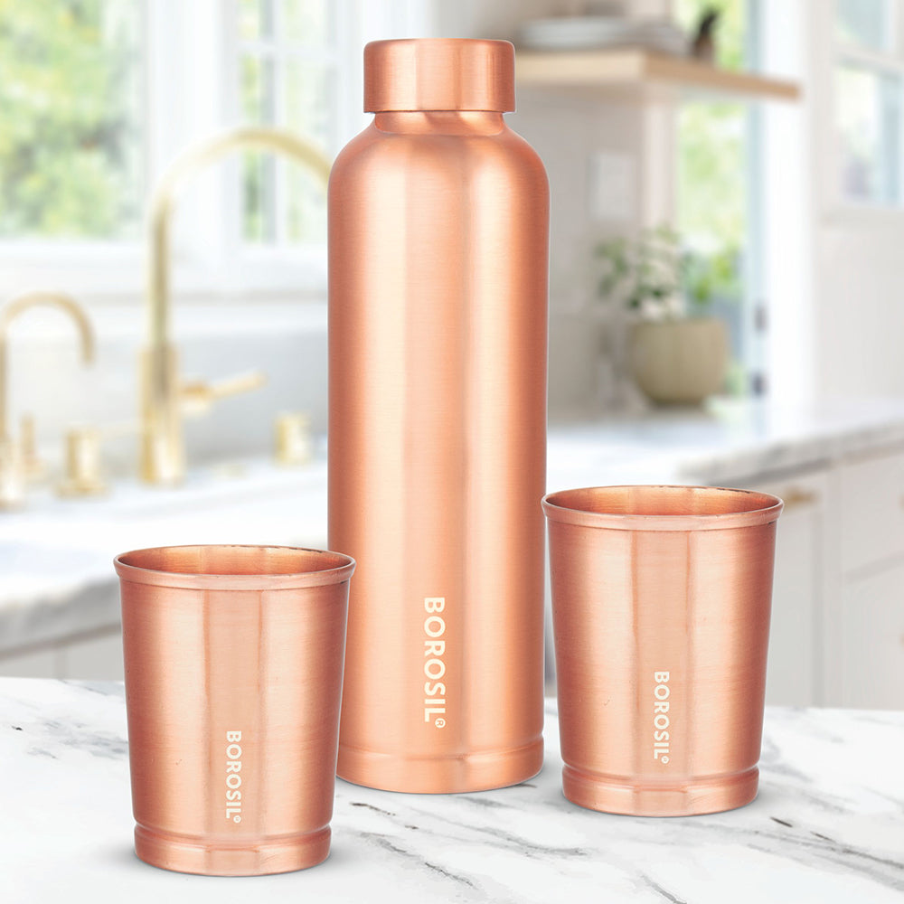Borosil ECO Copper Bottle & Glass Set, 1L Bottle + 2 x 250ml Glasses