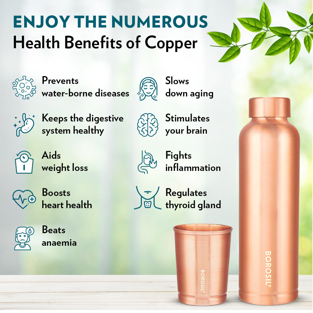 My Borosil Copper Water Bottles 1 L Bottle + 2 x 250 ml Glasses ECO Copper Bottle & Glass Set