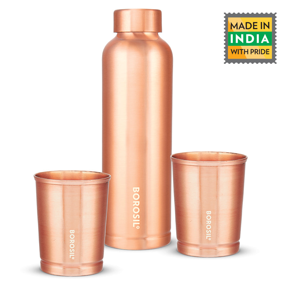 My Borosil Copper Water Bottles 1 L Bottle + 2 x 250 ml Glasses ECO Copper Bottle & Glass Set