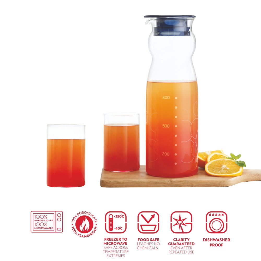 My Borosil Water & Juice Jugs 1.3L jug + 4 glasses Aqua Set with 1.3L Jug